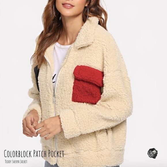 TEDDY SHERPA JACKET COLORBLOCK PATCH POCKET WOMEN’S SIZE SMALL OVERSIZED - Picture 2 of 10